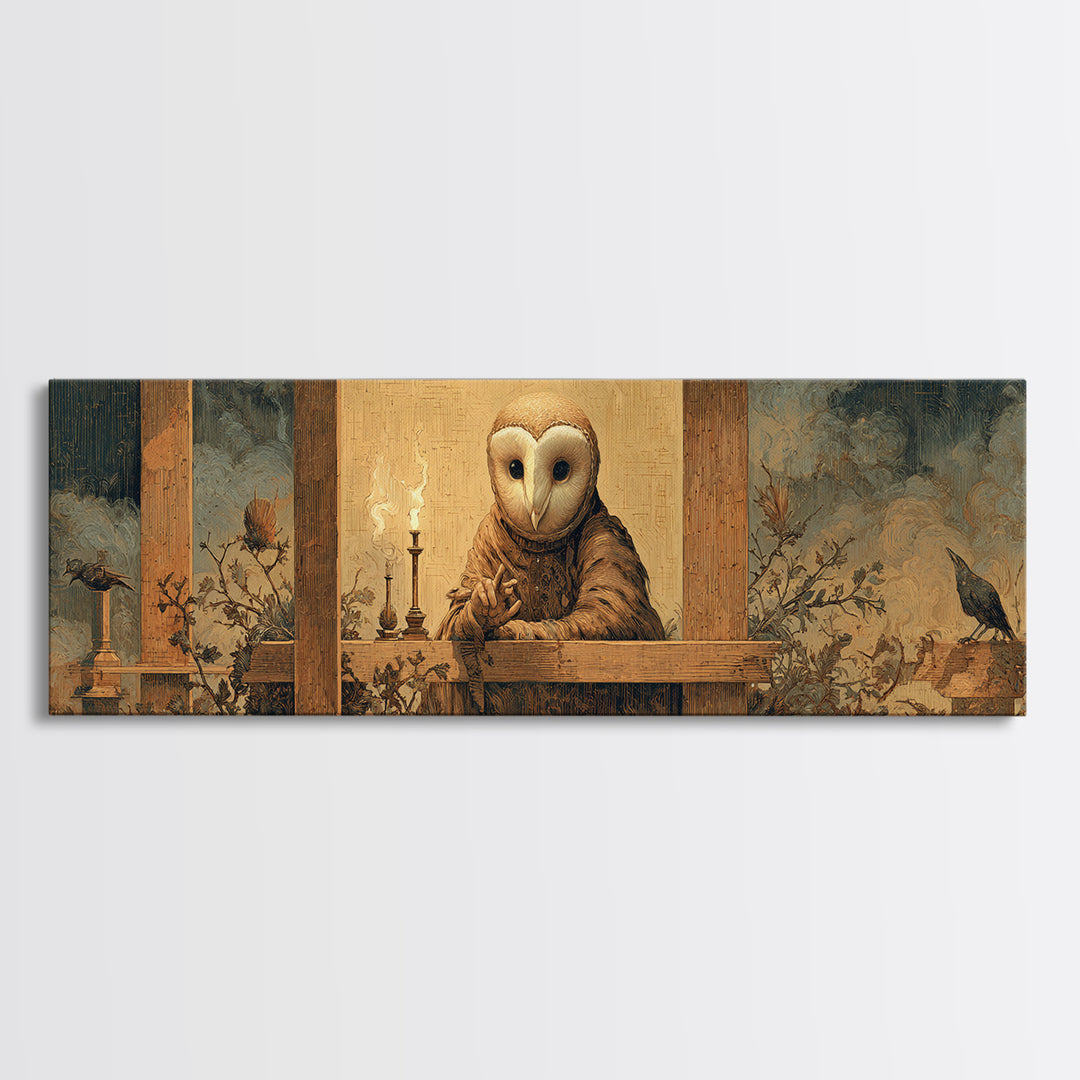The Owl-Faced Omen, Medieval Grotesque Art, Extra Wide Wall Art, Dark Halloween Decor, Canvas Print, Halloween Wall Art