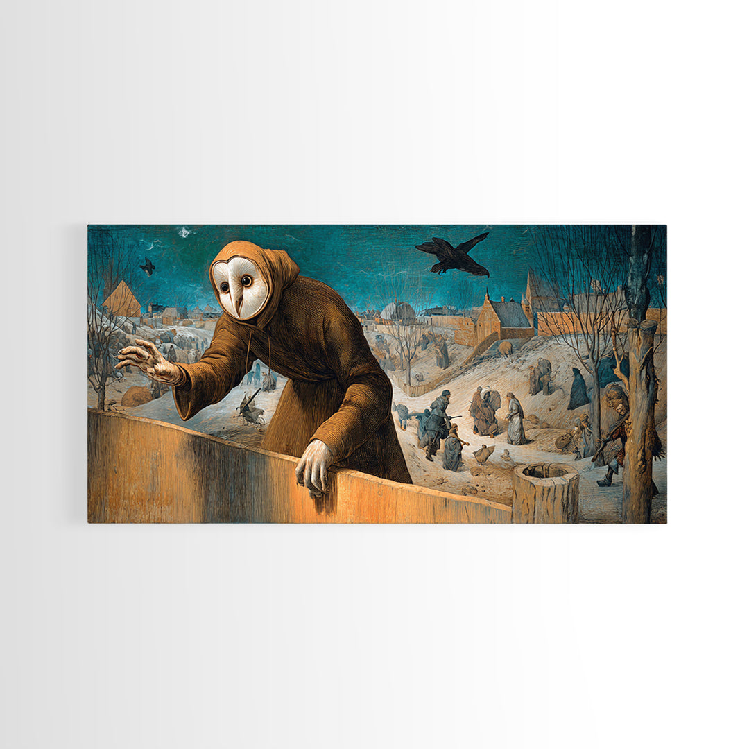 The Owl-Faced Omen, Northern Renaissance Horror, Wide Panoramic Art, Dark Halloween Decor, Canvas Print, Halloween Wall Art