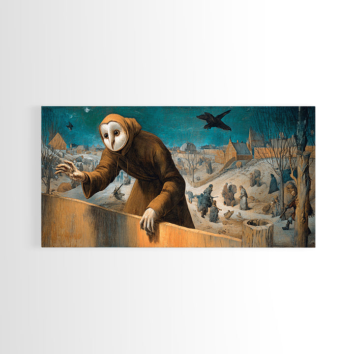 The Owl-Faced Omen, Northern Renaissance Horror, Wide Panoramic Art, Dark Halloween Decor, Canvas Print, Halloween Wall Art