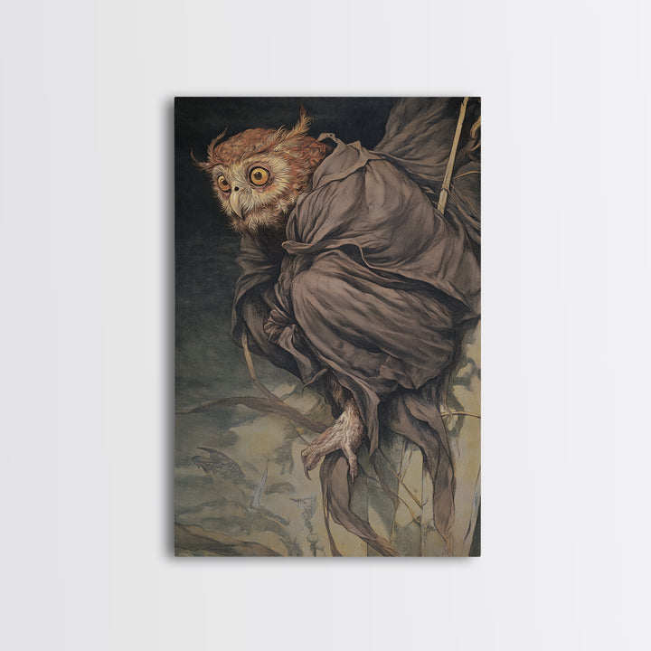 The Owl-Faced Omen, Dark Renaissance Art, Vertical Wall Art, Dark Halloween Decor, Framed Canvas Print, Halloween Wall Art