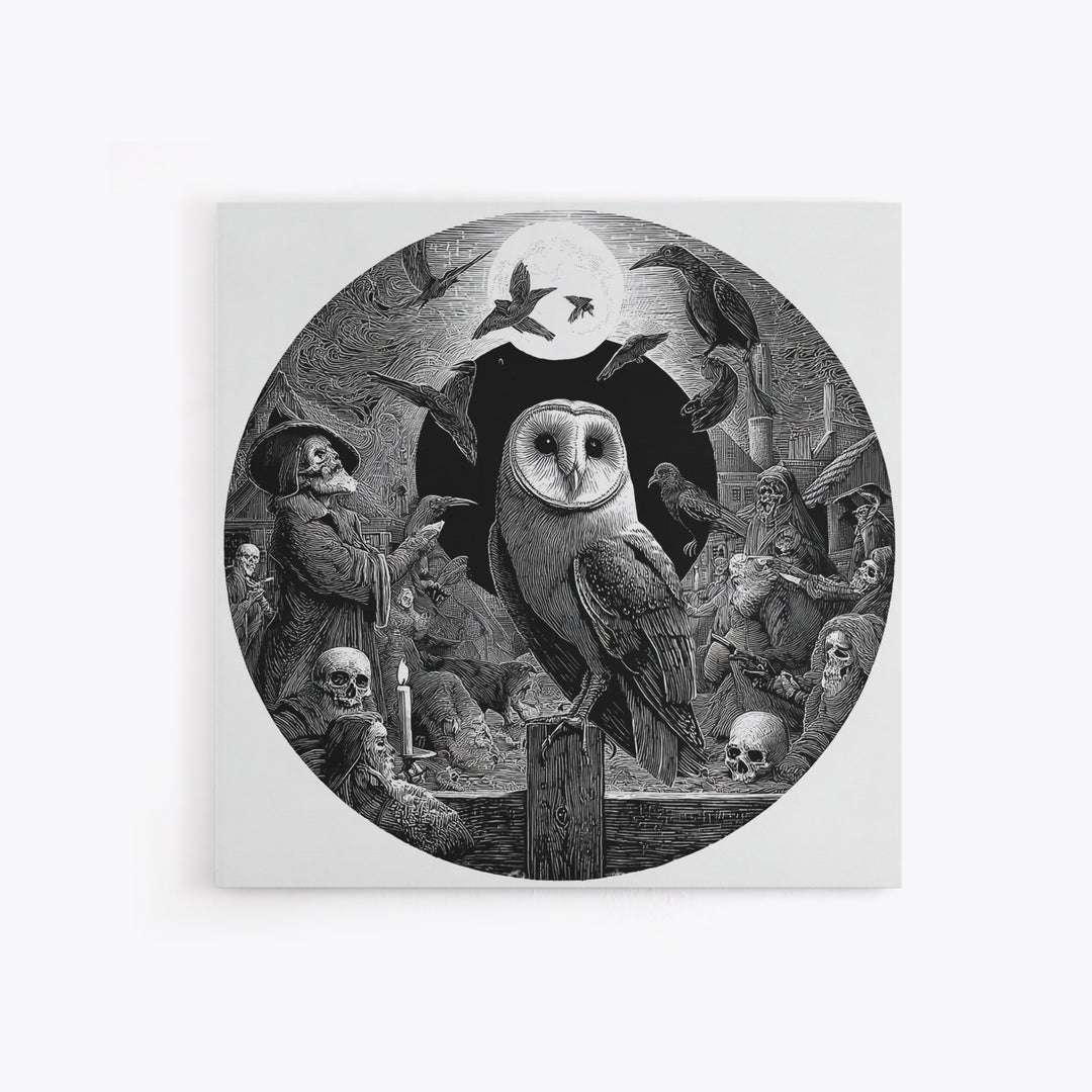 The Owl-Faced Omen, Danse Macabre Art, Square Wall Art, Macabre Wall Art, Framed Canvas Print, Halloween Wall Art
