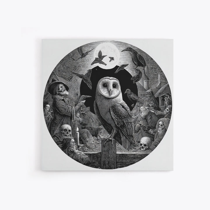 The Owl-Faced Omen, Danse Macabre Art, Square Wall Art, Macabre Wall Art, Framed Canvas Print, Halloween Wall Art