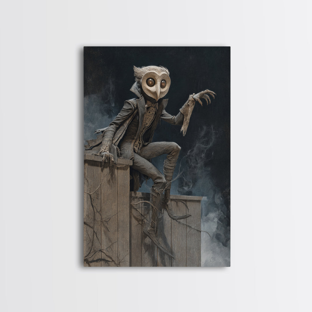 The Owl-Faced Omen, Gothic Nightmare Art, Vertical Wall Art, Dark Halloween Decor, Framed Canvas Print, Halloween Wall Art