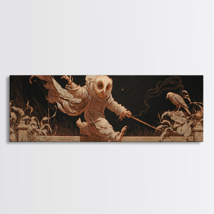 The Owl-Faced Omen, Visionary Gothic Art, Extra Wide Wall Art, Macabre Wall Art, Canvas Print, Halloween Wall Art, Gothic Home Decor