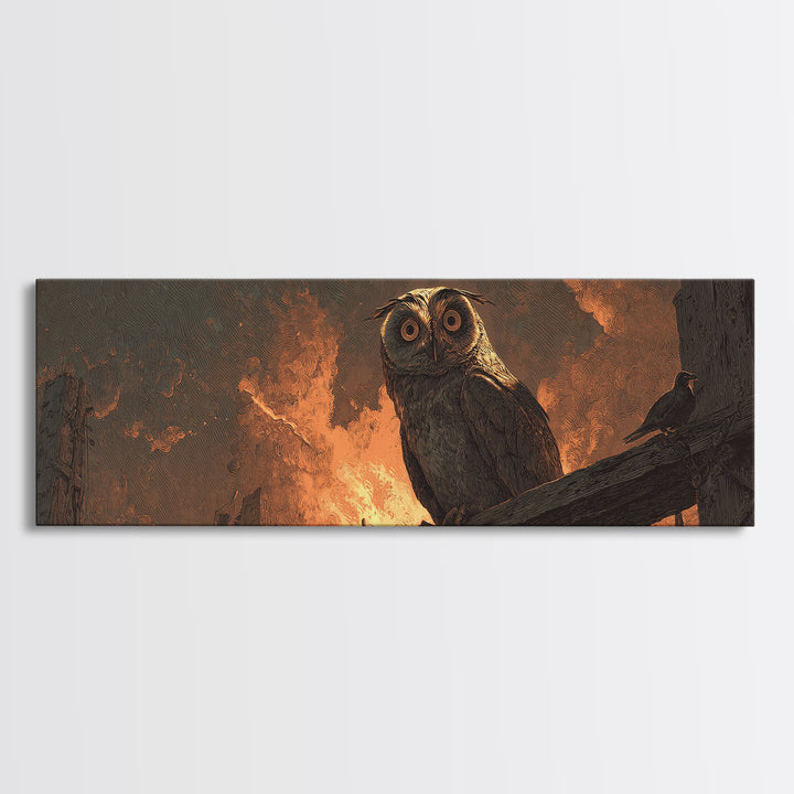 The Owl-Faced Omen, Apocalyptic Romantic Art, Extra Wide Wall Art, Gothic Horror Wall Art, Framed Canvas Print, Halloween Wall Art