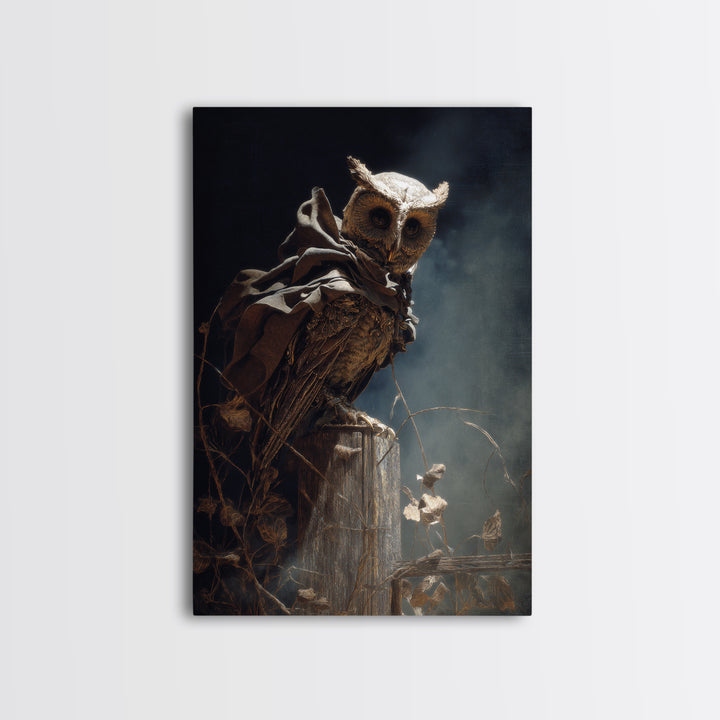 The Owl-Faced Omen, Ornate Symbolist Art, Vertical Wall Art, Macabre Wall Art, Canvas Print, Halloween Wall Art, Horror Wall Art