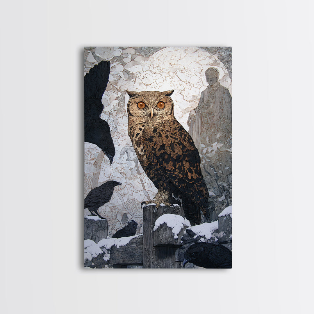 The Owl-Faced Omen, Symbolist Death Art, Vertical Wall Art, Dark Halloween Decor, Canvas Print, Halloween Wall Art