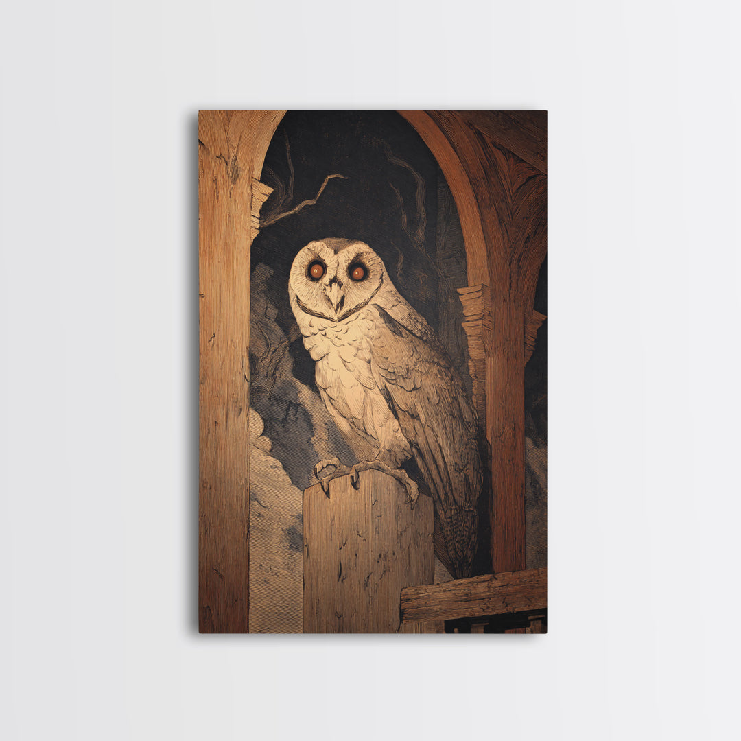 The Owl-Faced Omen, Symbolist Etching Art, Vertical Wall Art, Gothic Horror Wall Art, Canvas Print, Halloween Wall Art, Gothic Home Decor