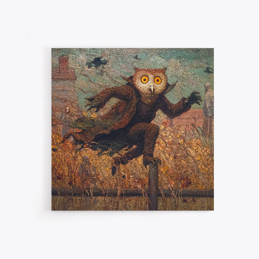 The Owl-Faced Omen, Grotesque Carnival Art, Square Wall Art, Macabre Wall Art, Framed Canvas Print, Halloween Wall Art, Spooky Wall Decor