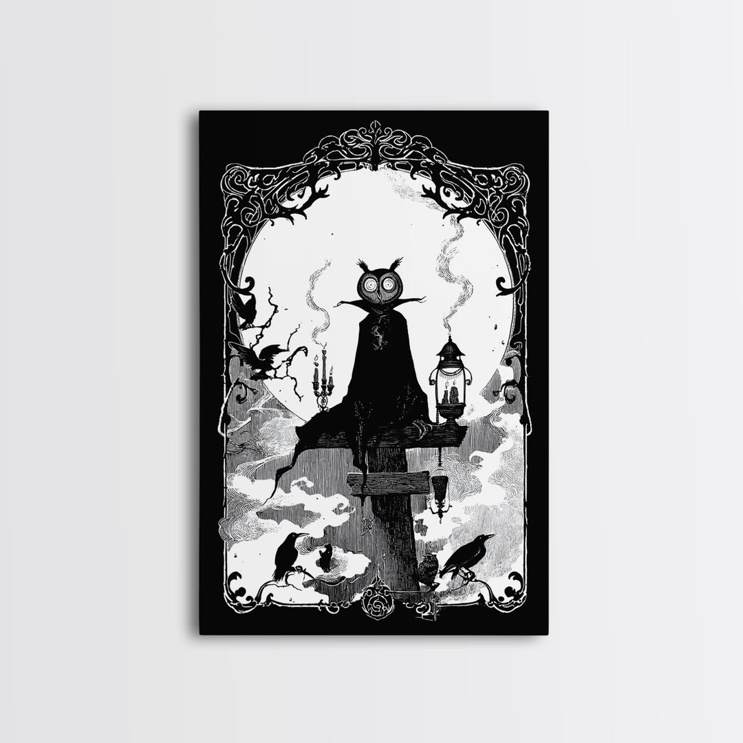 The Owl-Faced Omen, Decadent Line Art, Vertical Wall Art, Gothic Horror Wall Art, Canvas Print, Halloween Wall Art