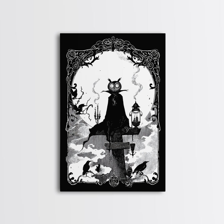 The Owl-Faced Omen, Decadent Line Art, Vertical Wall Art, Gothic Horror Wall Art, Canvas Print, Halloween Wall Art