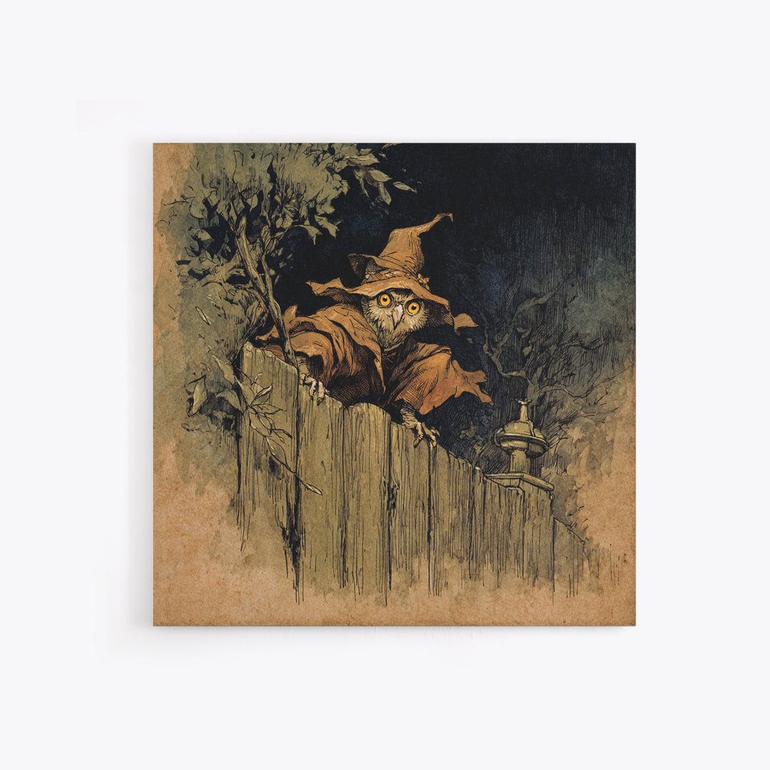 The Owl-Faced Omen, Gothic Storybook Art, Square Wall Art, Dark Halloween Decor, Framed Canvas Print, Halloween Wall Art