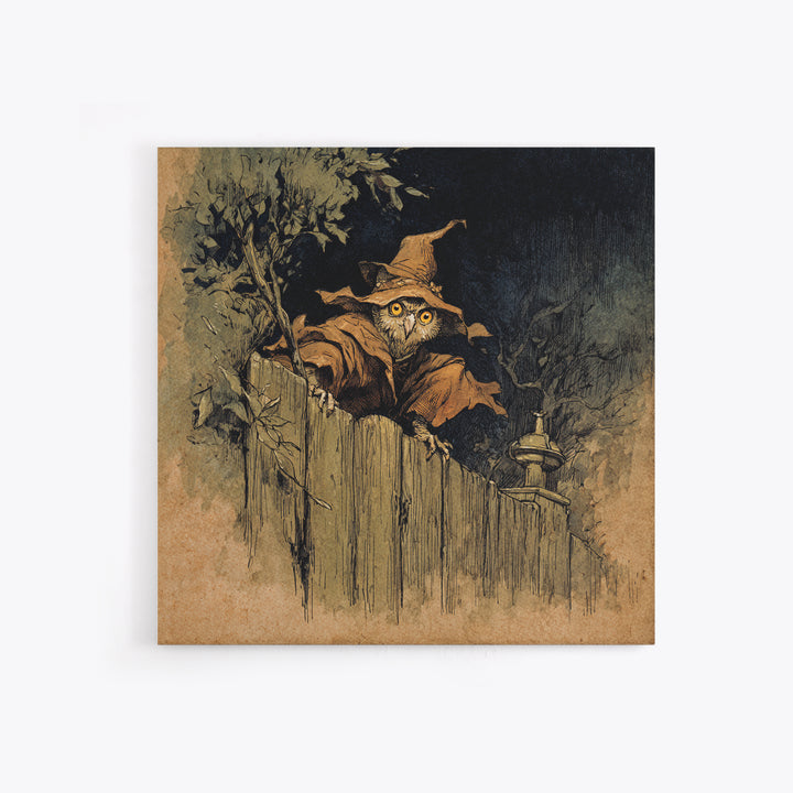 The Owl-Faced Omen, Gothic Storybook Art, Square Wall Art, Dark Halloween Decor, Framed Canvas Print, Halloween Wall Art