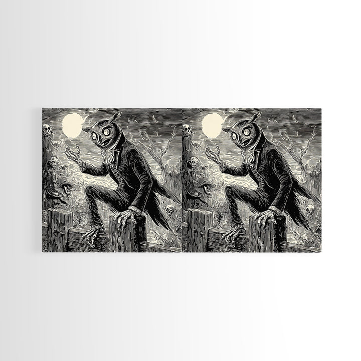 The Owl-Faced Omen, Macabre Folk Print Art, Wide Panoramic Art, Gothic Horror Wall Art, Canvas Print, Halloween Wall Art