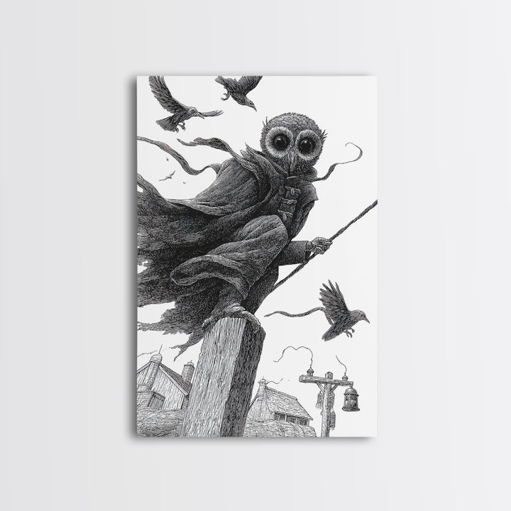 The Owl-Faced Omen, Victorian Macabre Art, Vertical Wall Art, Dark Halloween Decor, Framed Canvas Print, Halloween Wall Art