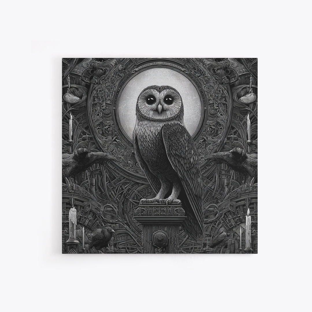 The Owl-Faced Omen, Biomechanical Horror Art, Square Wall Art, Gothic Horror Wall Art, Canvas Print, Halloween Wall Art, Statement Wall Art