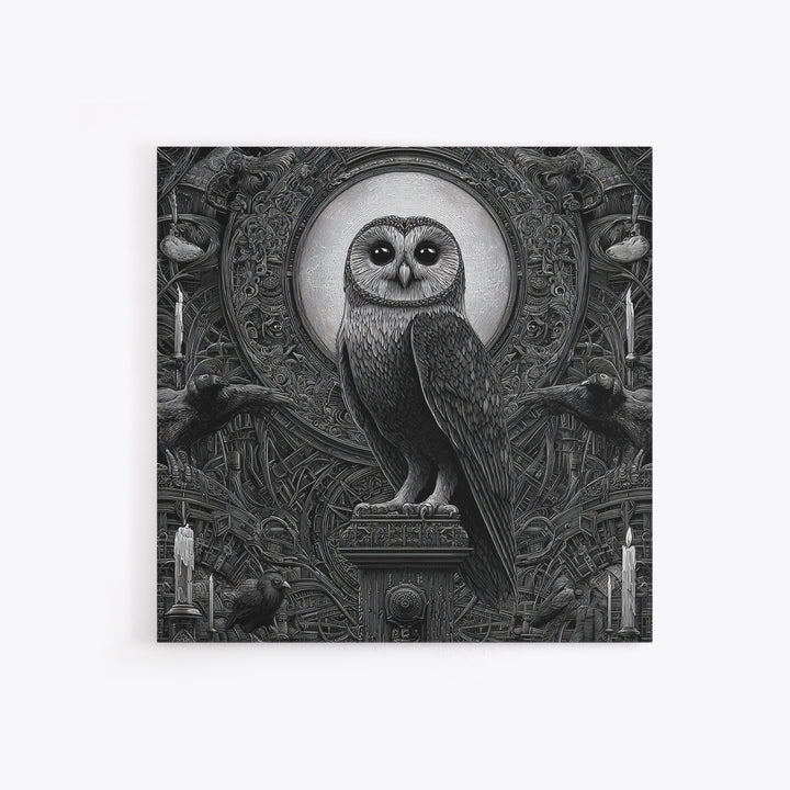 The Owl-Faced Omen, Biomechanical Horror Art, Square Wall Art, Gothic Horror Wall Art, Canvas Print, Halloween Wall Art, Statement Wall Art