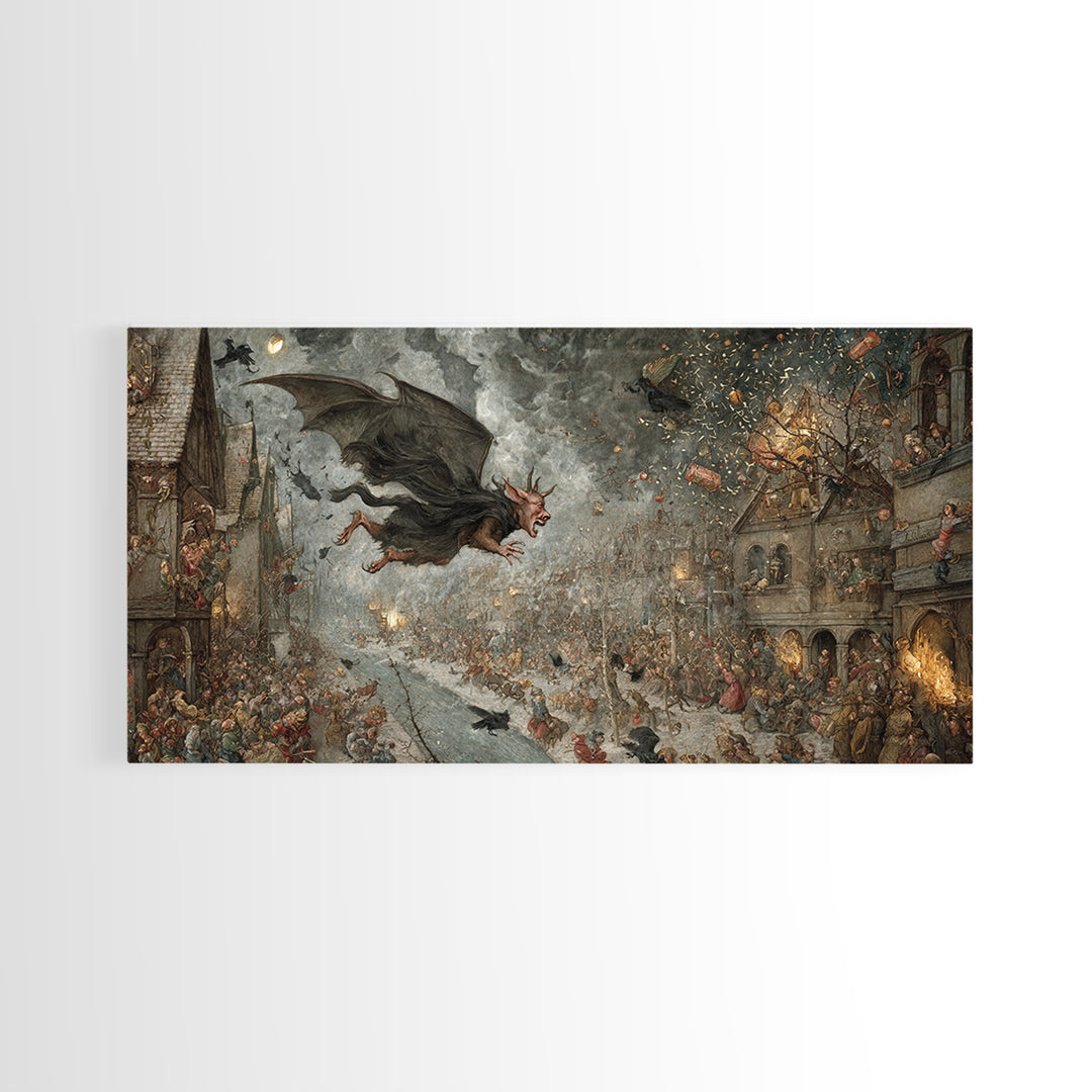 The Bat-Winged Imp, Northern Renaissance Horror, Wide Panoramic Art, Macabre Wall Art, Framed Canvas Print, Halloween Wall Art