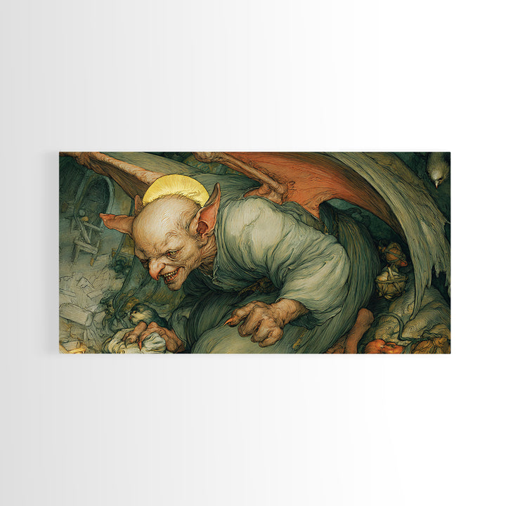 The Bat-Winged Imp, Dark Renaissance Art, Wide Panoramic Art, Macabre Wall Art, Canvas Print, Halloween Wall Art