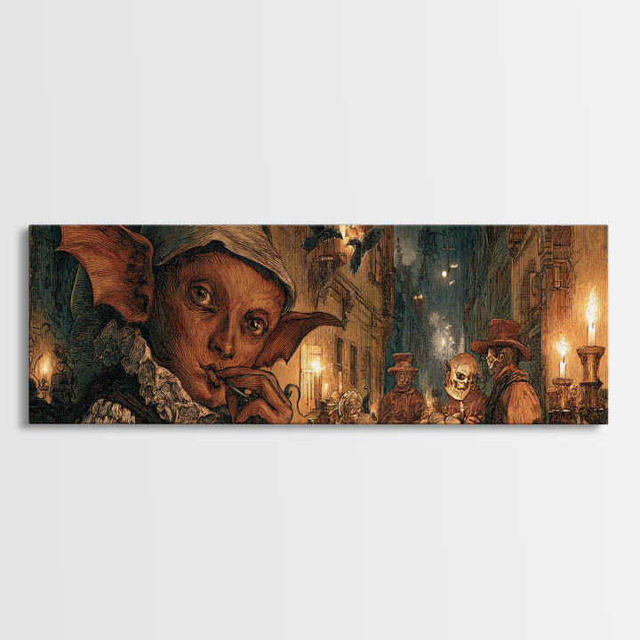 The Bat-Winged Imp, Danse Macabre Art, Extra Wide Wall Art, Macabre Wall Art, Canvas Print, Halloween Wall Art