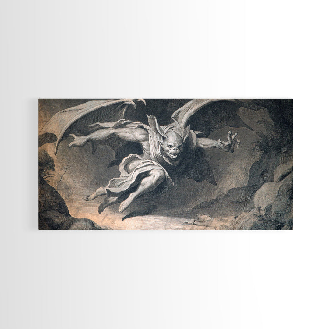 The Bat-Winged Imp, Gothic Nightmare Art, Wide Panoramic Art, Macabre Wall Art, Framed Canvas Print, Halloween Wall Art