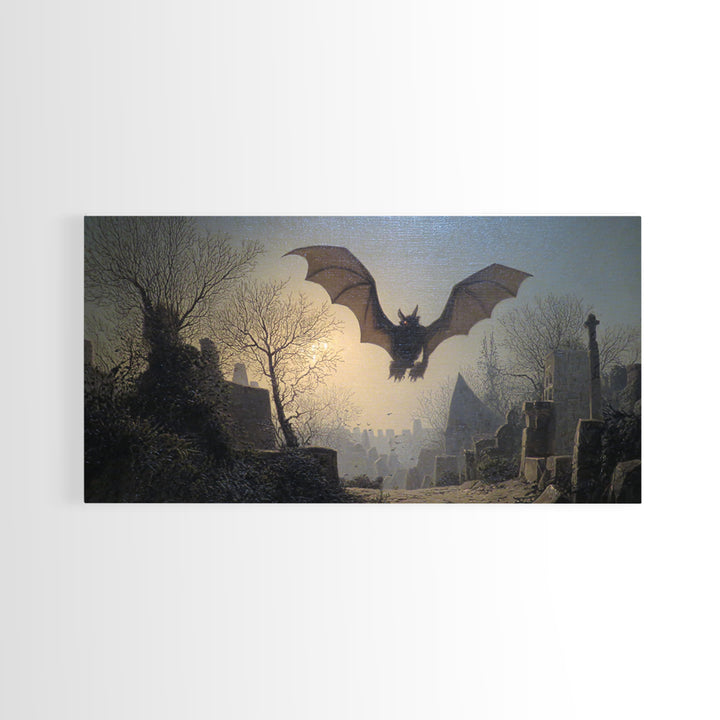 The Bat-Winged Imp, Romantic Gothic Landscape, Wide Panoramic Art, Dark Fantasy Wall Art, Canvas Print, Halloween Wall Art