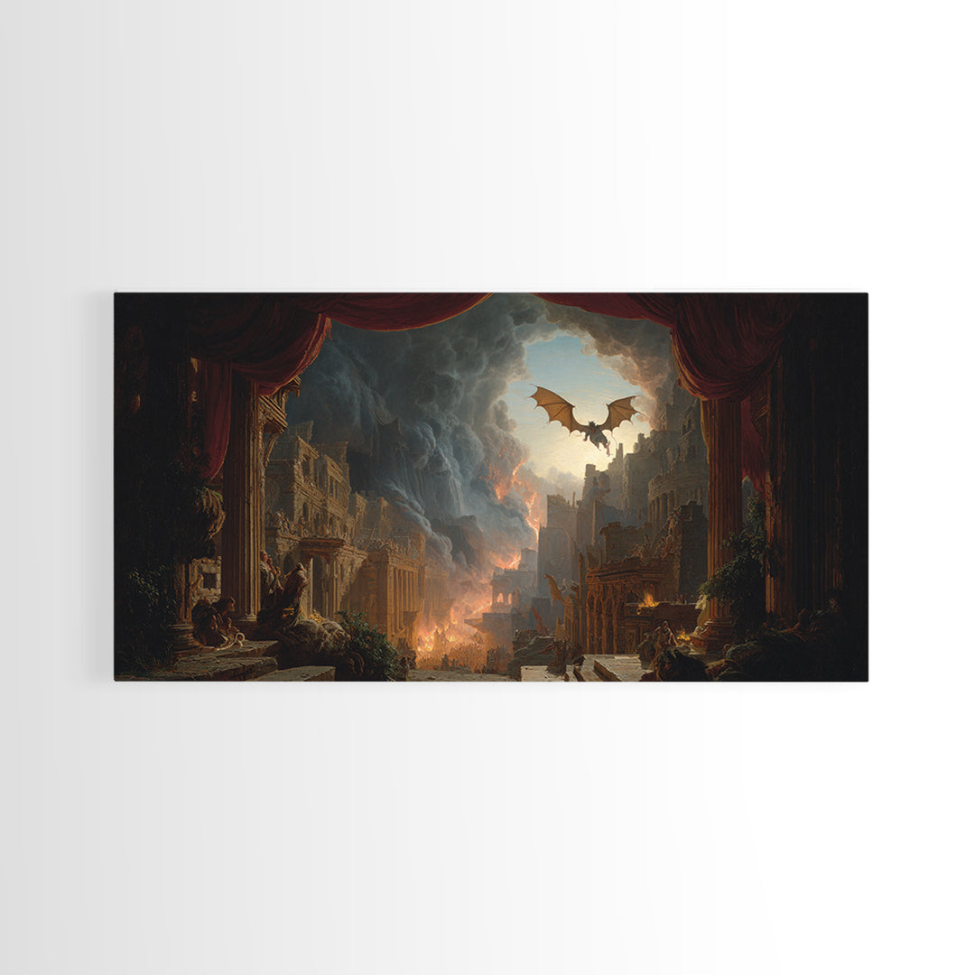 The Bat-Winged Imp, Apocalyptic Romantic Art, Wide Panoramic Art, Gothic Horror Wall Art, Framed Canvas Print, Halloween Wall Art
