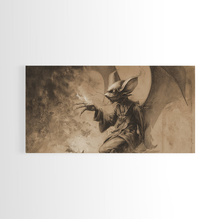 The Bat-Winged Imp, Symbolist Dream Art, Wide Panoramic Art, Dark Halloween Decor, Canvas Print, Halloween Wall Art