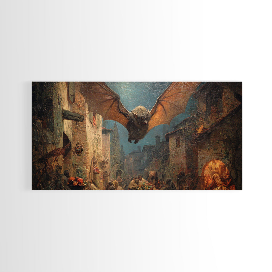 The Bat-Winged Imp, Ornate Symbolist Art, Wide Panoramic Art, Macabre Wall Art, Framed Canvas Print, Halloween Wall Art