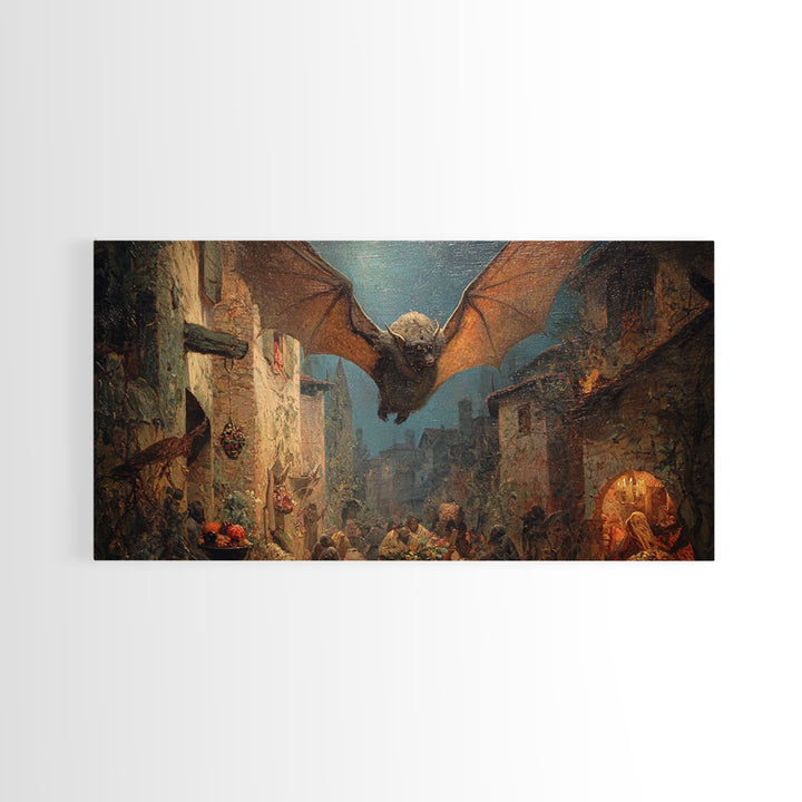 The Bat-Winged Imp, Ornate Symbolist Art, Wide Panoramic Art, Macabre Wall Art, Framed Canvas Print, Halloween Wall Art