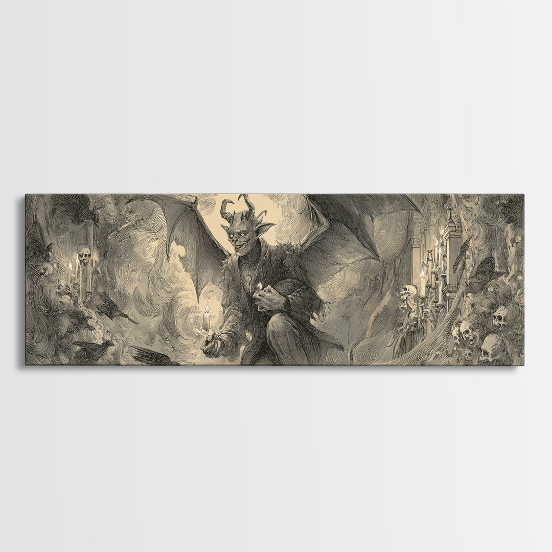 The Bat-Winged Imp, Decadent Gothic Art, Extra Wide Wall Art, Dark Halloween Decor, Canvas Print, Halloween Wall Art