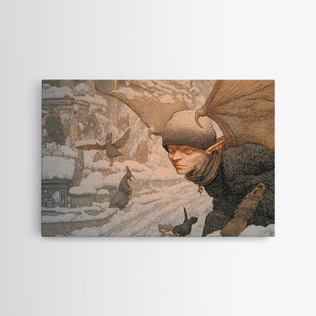 The Bat-Winged Imp, Symbolist Death Art, Landscape Wall Art, Dark Halloween Decor, Framed Canvas Print, Halloween Wall Art