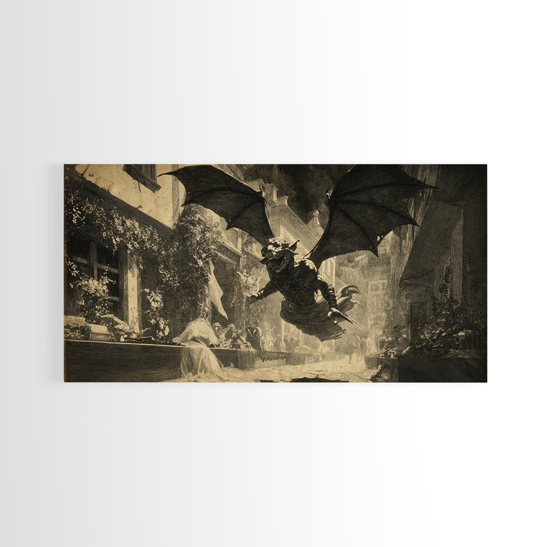 The Bat-Winged Imp, Dark Symbolist Art, Wide Panoramic Art, Dark Halloween Decor, Canvas Print, Halloween Wall Art