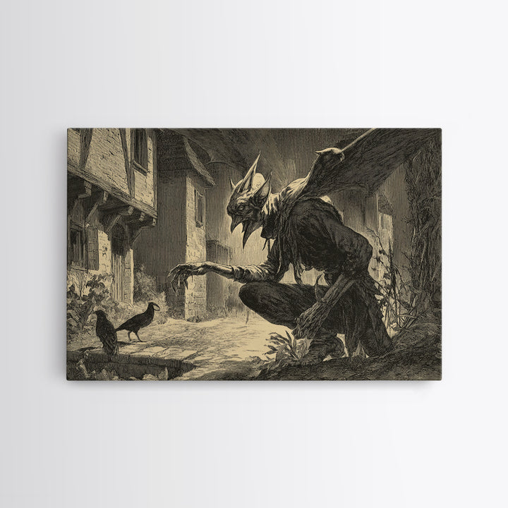 The Bat-Winged Imp, Symbolist Etching Art, Landscape Wall Art, Macabre Wall Art, Framed Canvas Print, Halloween Wall Art