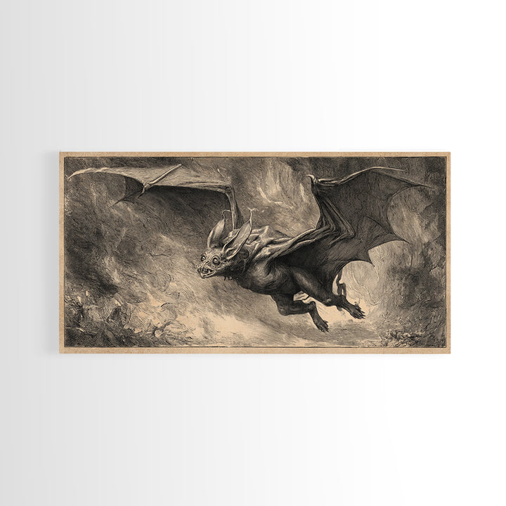 The Bat-Winged Imp, Expressionist Nightmare Art, Wide Panoramic Art, Dark Fantasy Wall Art, Framed Canvas Print, Halloween Wall Art