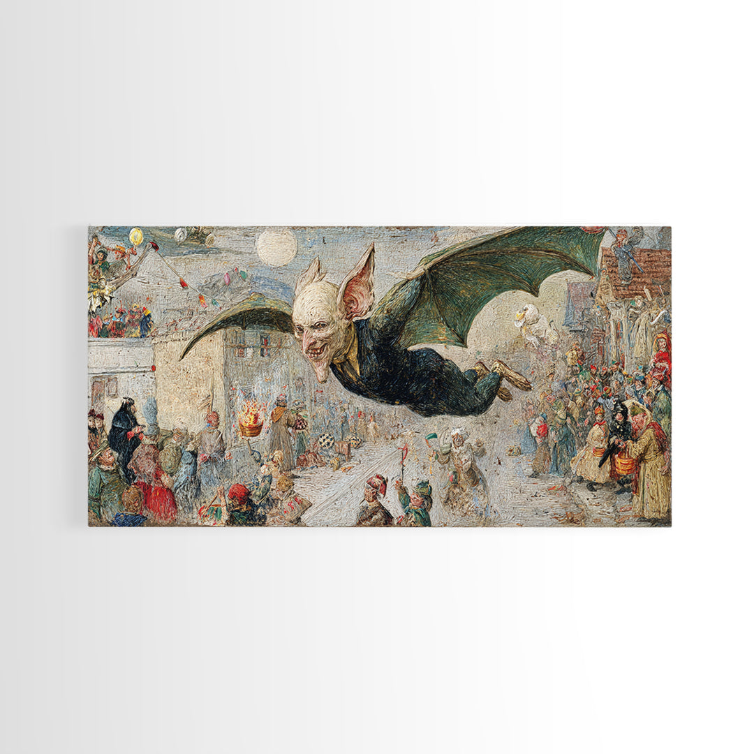 The Bat-Winged Imp, Grotesque Carnival Art, Wide Panoramic Art, Macabre Wall Art, Framed Canvas Print, Halloween Wall Art, Halloween Decor