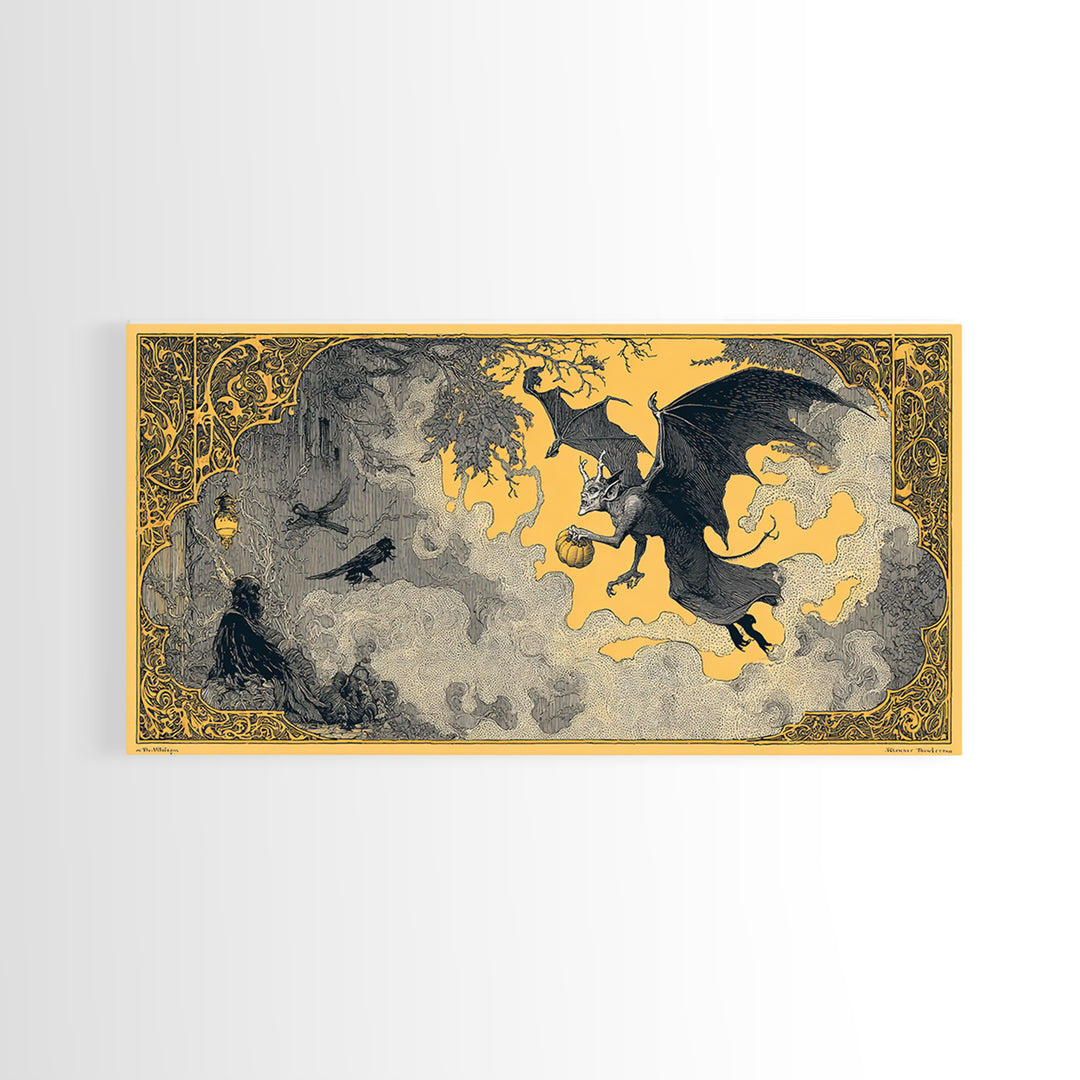 The Bat-Winged Imp, Decadent Line Art, Wide Panoramic Art, Macabre Wall Art, Framed Canvas Print, Halloween Wall Art