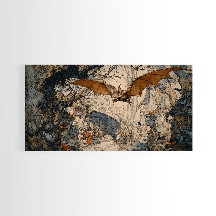 The Bat-Winged Imp, Gothic Storybook Art, Wide Panoramic Art, Dark Fantasy Wall Art, Framed Canvas Print, Halloween Wall Art