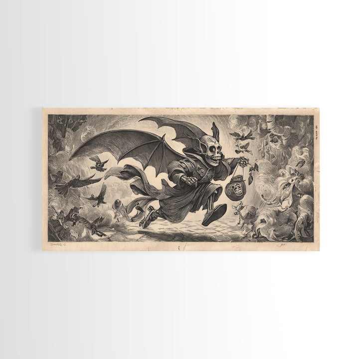 The Bat-Winged Imp, Macabre Folk Print Art, Wide Panoramic Art, Dark Halloween Decor, Framed Canvas Print, Halloween Wall Art