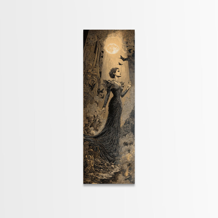 The Spider Queen, Gothic Engraving Art, Tall Narrow Wall Art, Dark Fantasy Wall Art, Framed Canvas Print, Halloween Wall Art