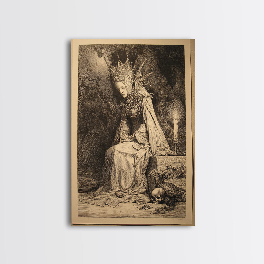 The Spider Queen, Renaissance Engraving Art, Vertical Wall Art, Dark Halloween Decor, Framed Canvas Print, Halloween Wall Art