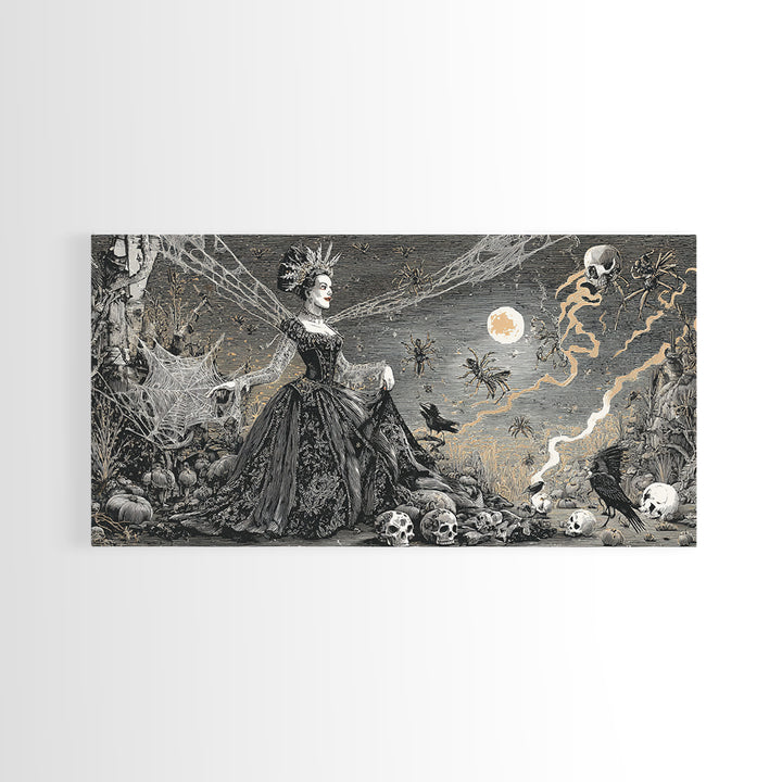 The Spider Queen, Macabre Folk Print Art, Wide Panoramic Art, Dark Halloween Decor, Canvas Print, Halloween Wall Art
