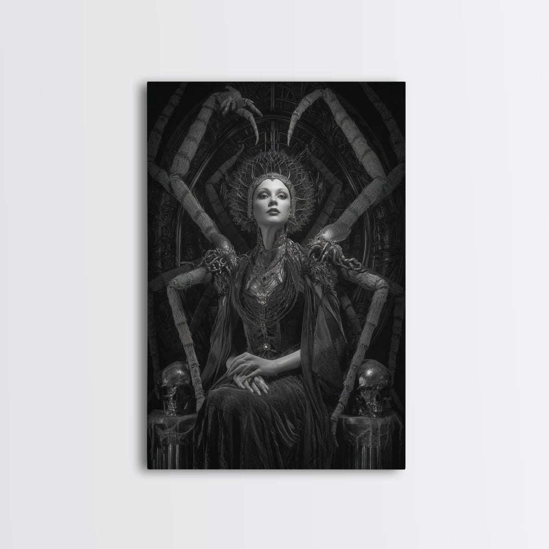 The Spider Queen, Biomechanical Horror Art, Vertical Wall Art, Dark Halloween Decor, Framed Canvas Print, Halloween Wall Art