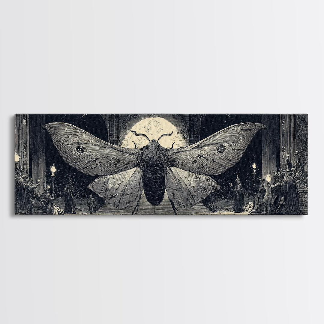 The Red-Eyed Moth Creature, Renaissance Engraving Art, Extra Wide Wall Art, Dark Halloween Decor, Canvas Print, Halloween Wall Art