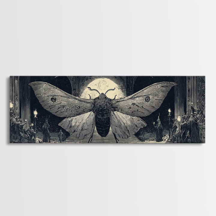 The Red-Eyed Moth Creature, Renaissance Engraving Art, Extra Wide Wall Art, Dark Halloween Decor, Canvas Print, Halloween Wall Art