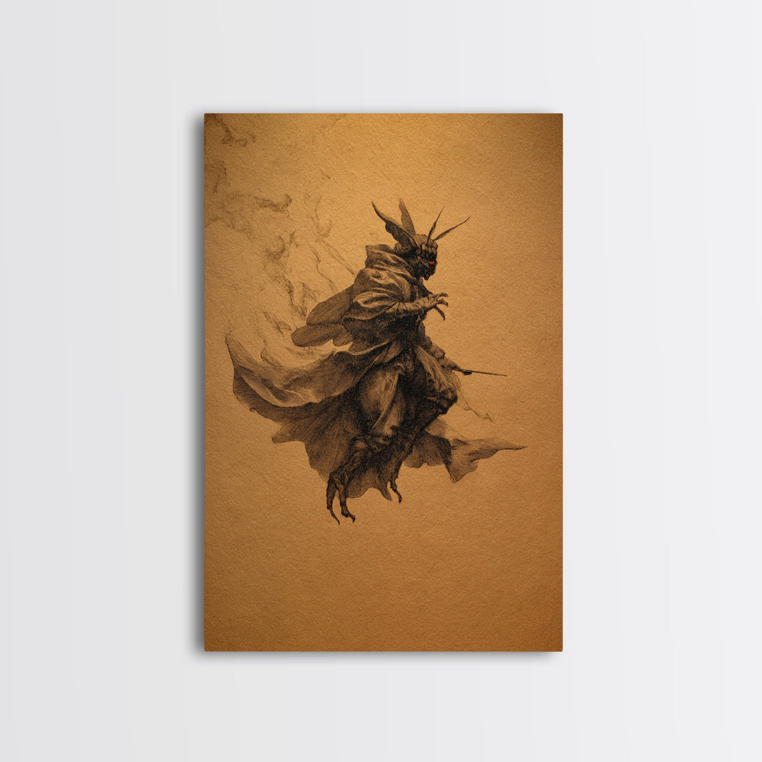 The Red-Eyed Moth Creature, Baroque Witchcraft Art, Vertical Wall Art, Dark Halloween Decor, Canvas Print, Halloween Wall Art