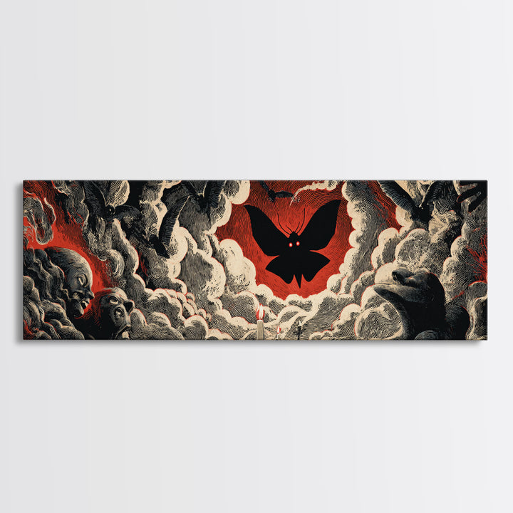 The Red-Eyed Moth Creature, Gothic Nightmare Art, Extra Wide Wall Art, Dark Halloween Decor, Canvas Print, Halloween Wall Art