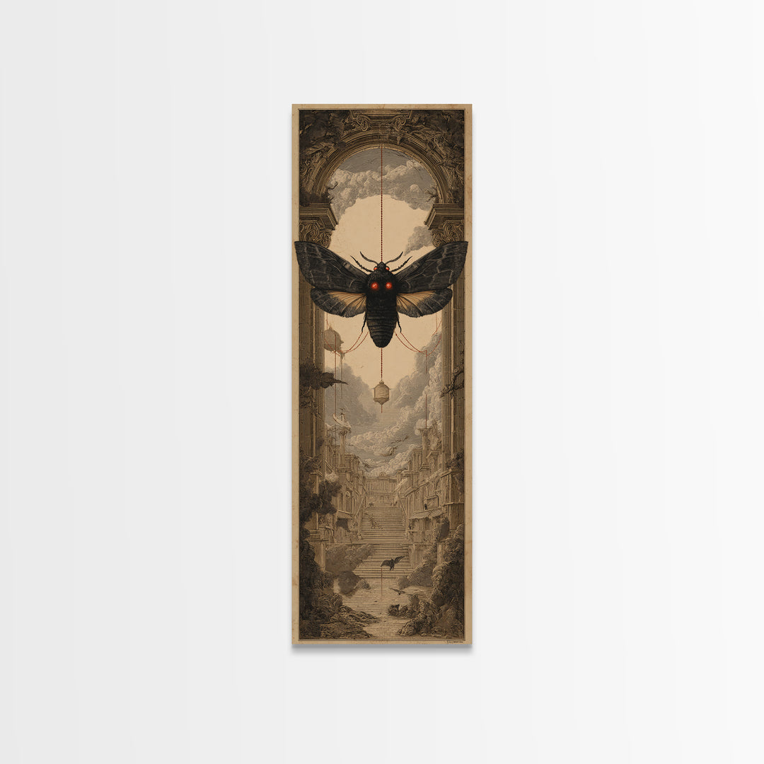 The Red-Eyed Moth Creature, Architectural Etching Art, Tall Narrow Wall Art, Macabre Wall Art, Canvas Print, Horror Wall Art