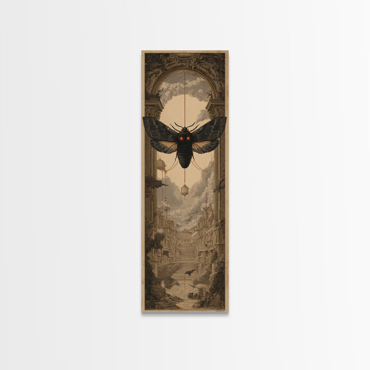 The Red-Eyed Moth Creature, Architectural Etching Art, Tall Narrow Wall Art, Macabre Wall Art, Canvas Print, Horror Wall Art