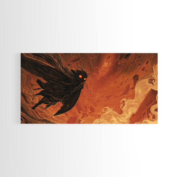 The Red-Eyed Moth Creature, Apocalyptic Romantic Art, Wide Panoramic Art, Macabre Wall Art, Canvas Print, Halloween Wall Art